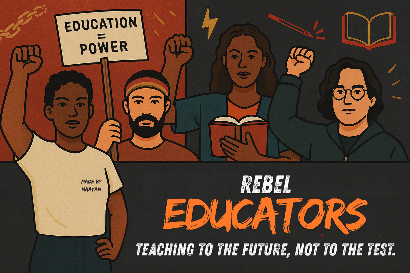 Bold illustrated banner for the "Rebel Educators" apparel collection, featuring diverse teachers holding protest signs and books. Highlights slogans like “Education = Power” and “Teaching to the Future, Not to the Test.”