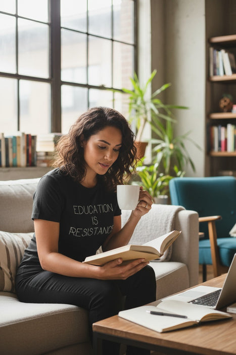 Woman reading a book and holding a mug in a cozy living room.